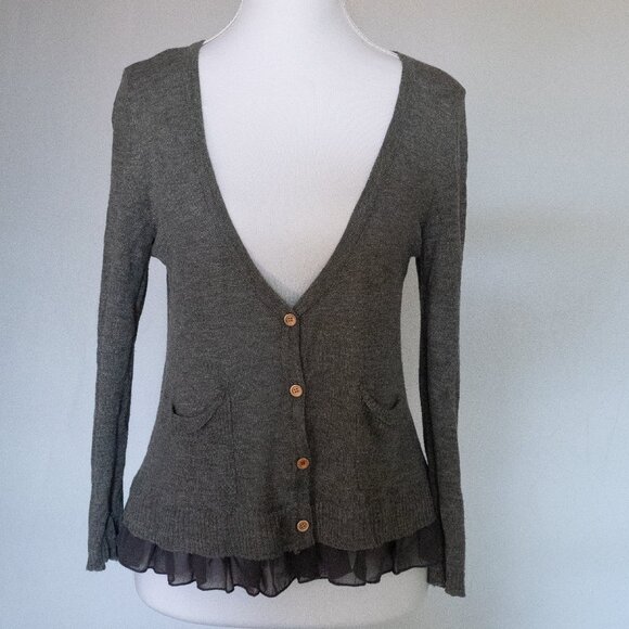 Elegant Gray Cardigan with Ruffle Hem - Picture 1 of 10